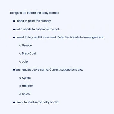 A written list with individual bullet-point items