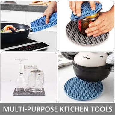 Kitchen hot pads used to protect hands and counters from hot cookware.