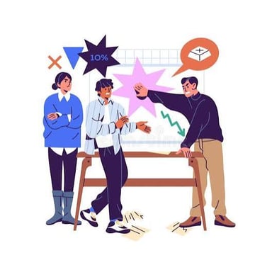 Coworkers in a tense discussion around a table, illustrating how competing egos can hinder teamwork.