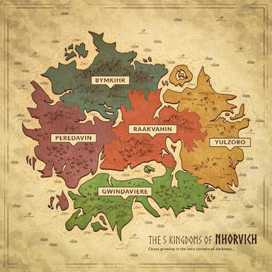 A map divided into several fictional kingdoms or realms.