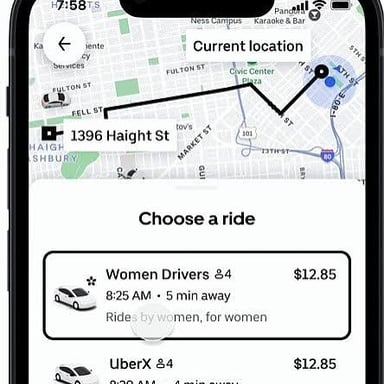 A phone displaying a ride-hailing app’s women-driver preference setting.