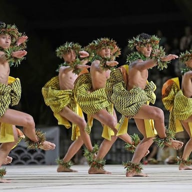 Hula dancers perform at the Merrie Monarch Festival in Hilo, Hawaii.
