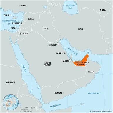 Map of the United Arab Emirates identifying Dubai and Abu Dhabi.