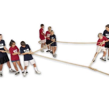 Two teams pulling opposite ends of a rope in a tug-of-war contest