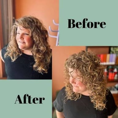 A person's hair styled in curls after a perm.