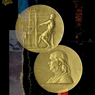 A Pulitzer Prize medal representing an award for achievement in journalism, literature, or music.