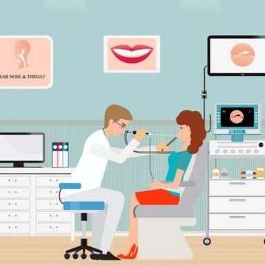 An ear, nose, and throat specialist examining a patient.