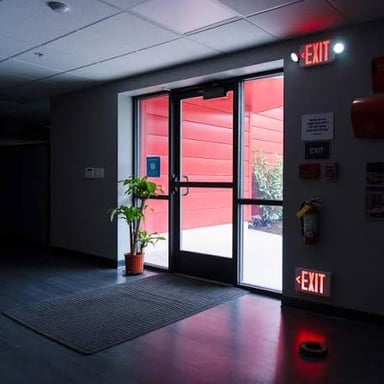 A standard EXIT sign above a doorway
