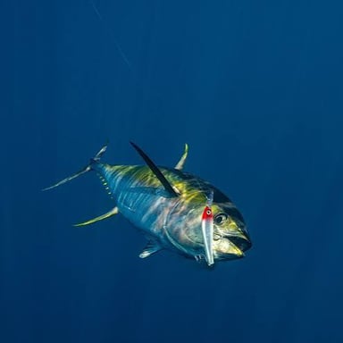 A yellowfin tuna swims in open water, showing its streamlined body and long yellow fins.