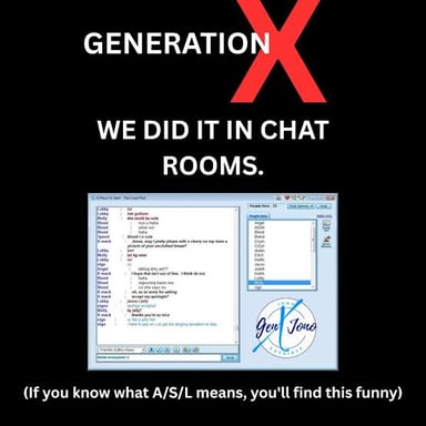 A retro-style online chat conversation using A/S/L to ask for age, sex, and location.