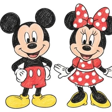 Mickey Mouse and Minnie Mouse, familiar animated cartoon characters.
