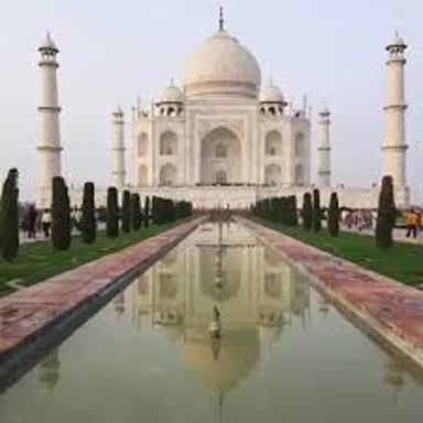 The Taj Mahal, a white-marble mausoleum in Agra, India.