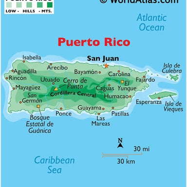 Map of Puerto Rico in the Caribbean, with its capital, San Juan, marked.