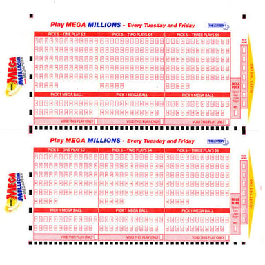A Mega Millions lottery ticket with its name and numbered play grid.