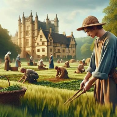 Tenant farmers tending fields on a medieval manor.