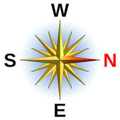 A compass rose marks east-northeast and west-southwest on opposite sides.