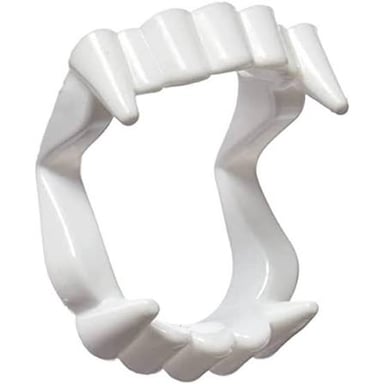 A pair of plastic vampire fangs used as a costume accessory.