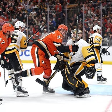 Professional ice hockey imagery featuring teams such as the Ducks and Penguins