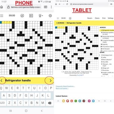 A digital crossword displayed on a tablet with a pen nearby