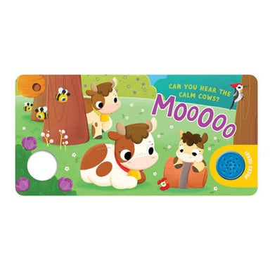 An interactive children’s book showing a cow with a sound button