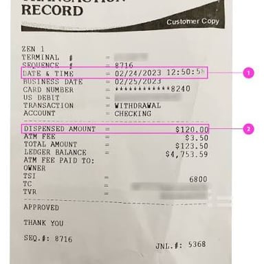 A receipt printed after a cash withdrawal from an ATM.