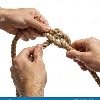 Hands loosening a knot in a rope.