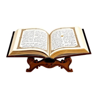 An open Quran displayed on an ornate reading stand.