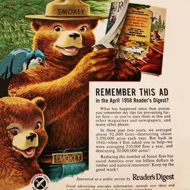 A Smokey Bear public service announcement promoting wildfire prevention.