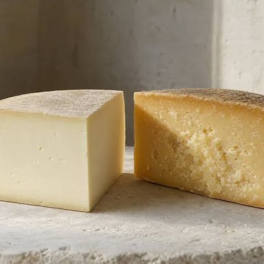 A wedge of Asiago cheese with its cut surface visible.