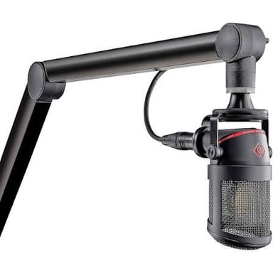 A broadcast microphone in an audio studio