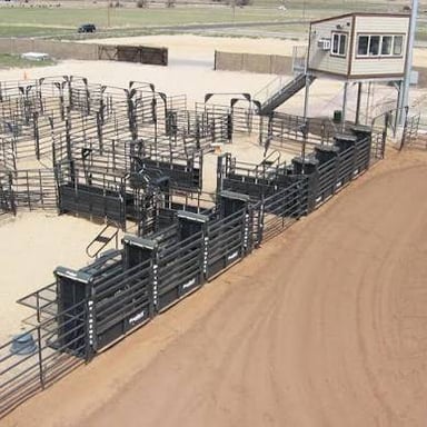 A rodeo rider competing on a bucking bull in an arena.