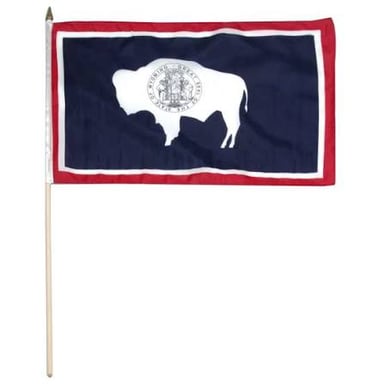 Wyoming’s flag, showing a bison silhouette with the state seal on its side.