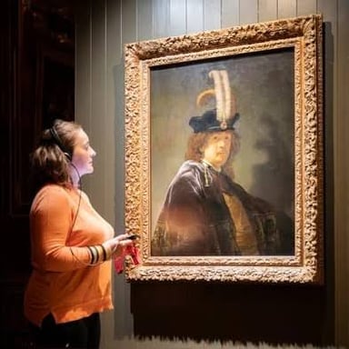 A person posing thoughtfully in an art gallery.