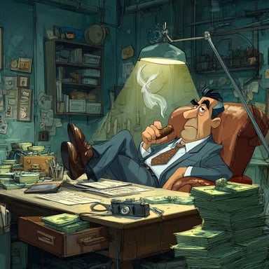 A suited Mafia boss seated in a dim office.