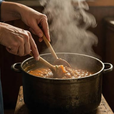 A person stirring soup in a cooking pot