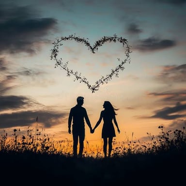 A romantic couple holding hands at sunset.