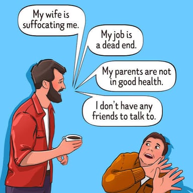 A person reacting with discomfort during a conversation.