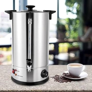 A large coffee urn with a spigot for serving coffee.