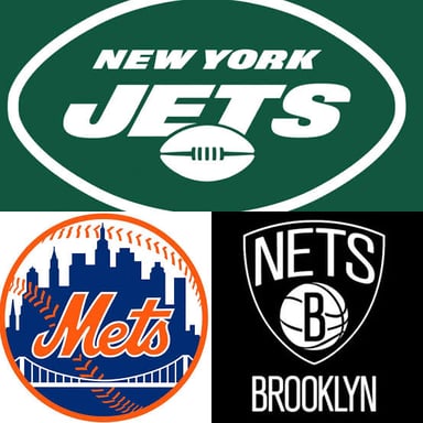 Logos representing the Mets, Nets, and Jets, three New York-area sports teams.