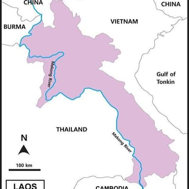 Map showing Laos next to Thailand, with the Mekong River forming much of their border.