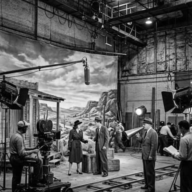 A staged living-room interior prepared for filming on a soundstage.