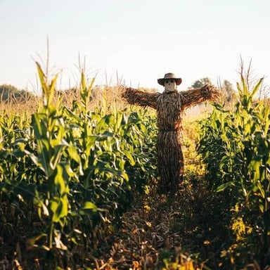 A scarecrow made from old clothes and straw standing among corn plants.