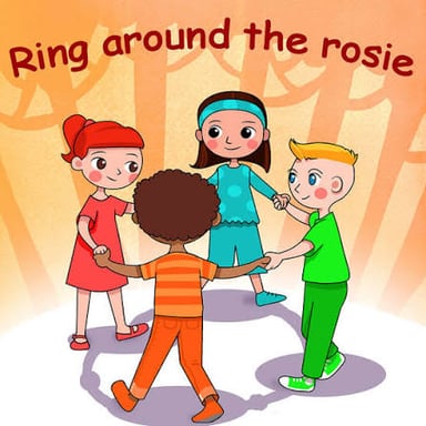 Children holding hands in a circle, illustrating the nursery rhyme “Ring Around the Rosie.”