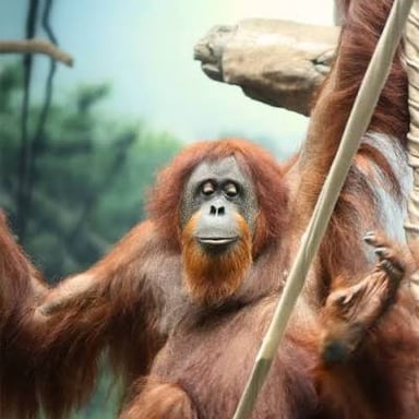 An orangutan reaching from one tree branch toward another.