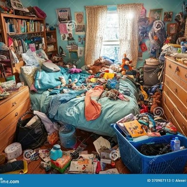 A bedroom with clothes and belongings scattered around.
