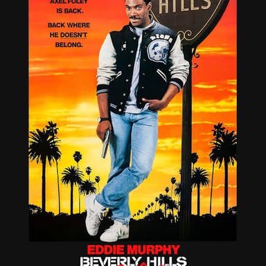 Eddie Murphy portraying Axel Foley, the Detroit detective from Beverly Hills Cop.