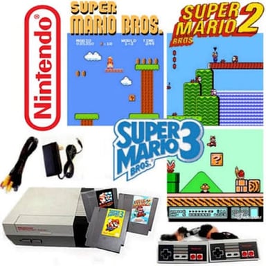 A Nintendo Entertainment System console beside a Super Mario Bros. game cartridge.
