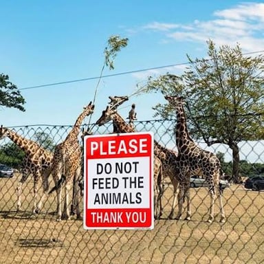 A zoo warning sign instructing visitors not to feed the animals.