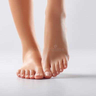 A person displaying carefully groomed feet for a commercial photograph.