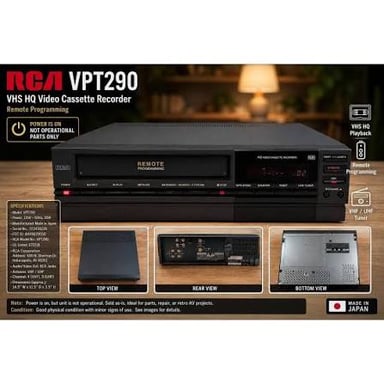 A home VCR alongside a VHS videocassette.